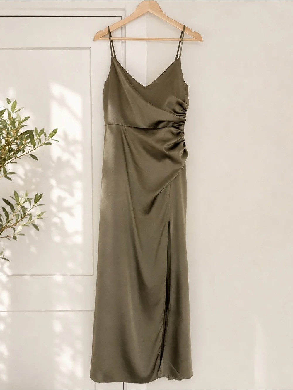Birdy Grey Moss Green Satin (Catherine Style) with Side Slit - Picture 3 of 6